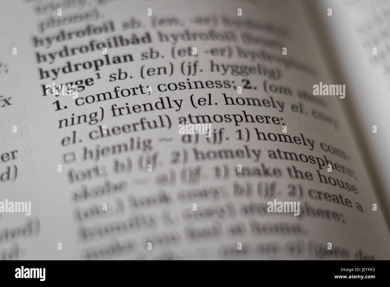 Close up of Danish to English dictionary with the English translation