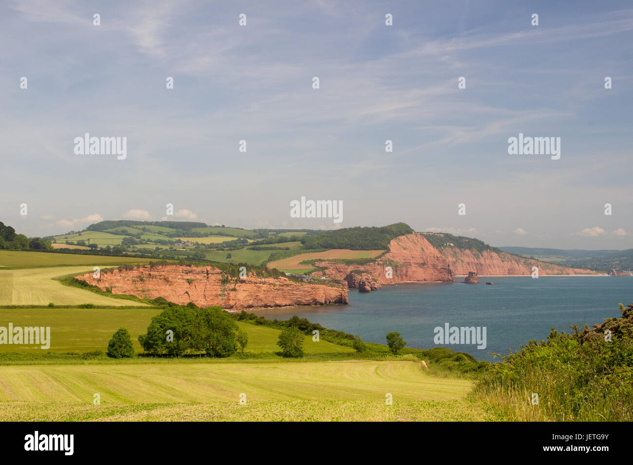 View of red cliffs at Ladram Bay on the Jurassic Coast in Devon Stock