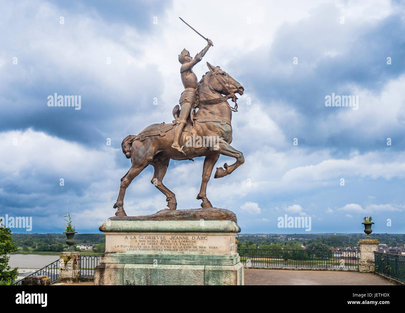 France, Centre-Val de Loire, Blois, Jeanne d'Arc (Joan of Arc) equestrian bronce sculpture at the gardens of the Bishop's Palace Stock Photo