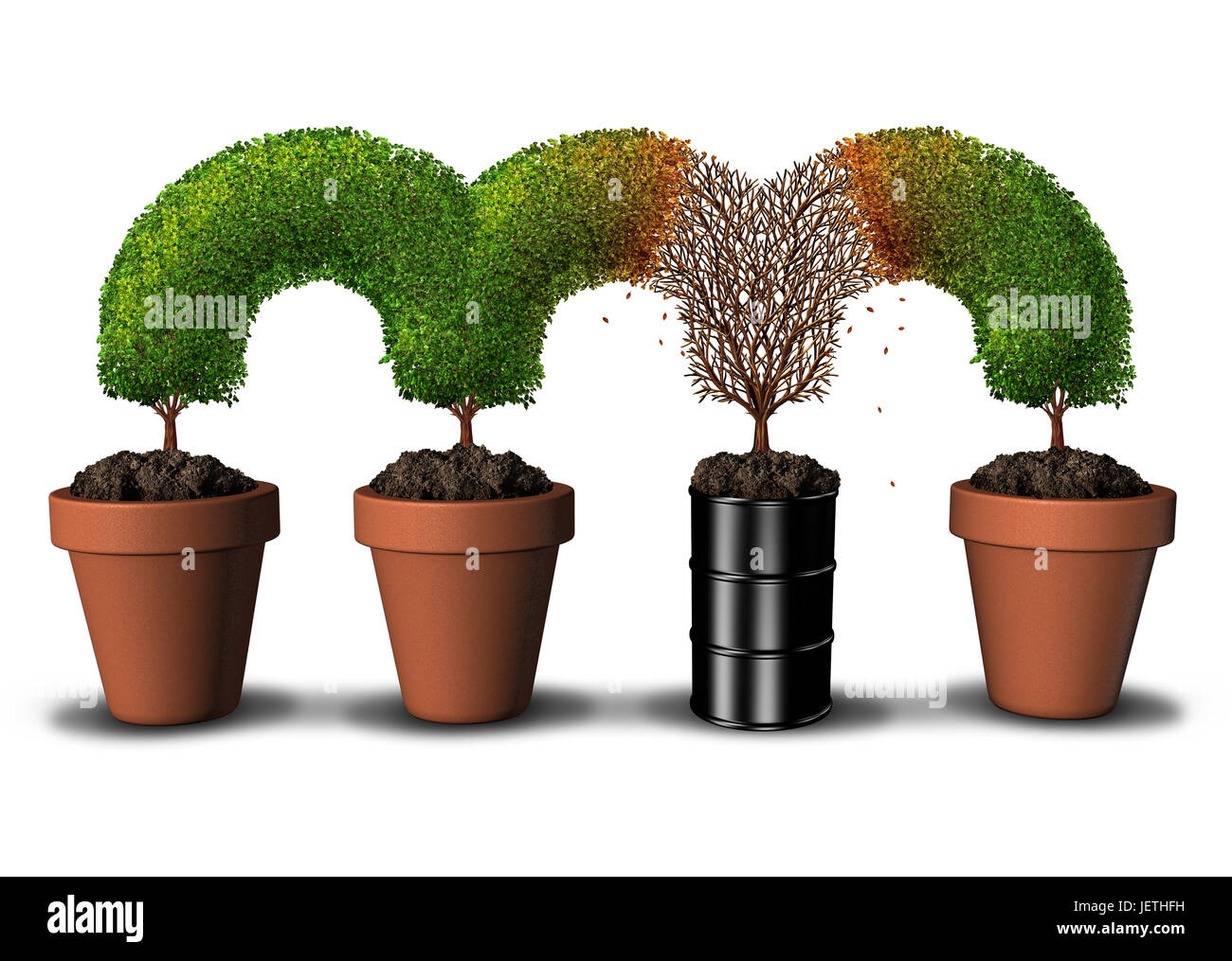 Contaminated environment concept with pollution and toxic contaminant in the soil as a dead tree segment growing in a a petroleum oil can. Stock Photo