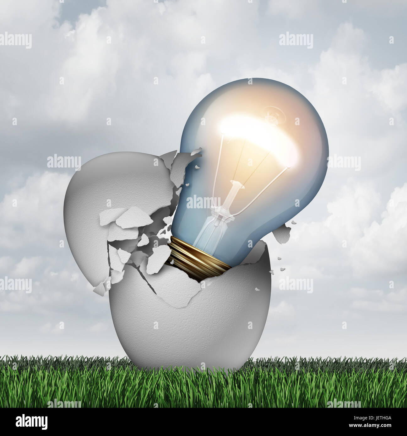 Idea birth concept and out of the box brainstorming symbol as a hatching egg with a lightbulb emerging as an icon for startup and entrepreneur. Stock Photo
