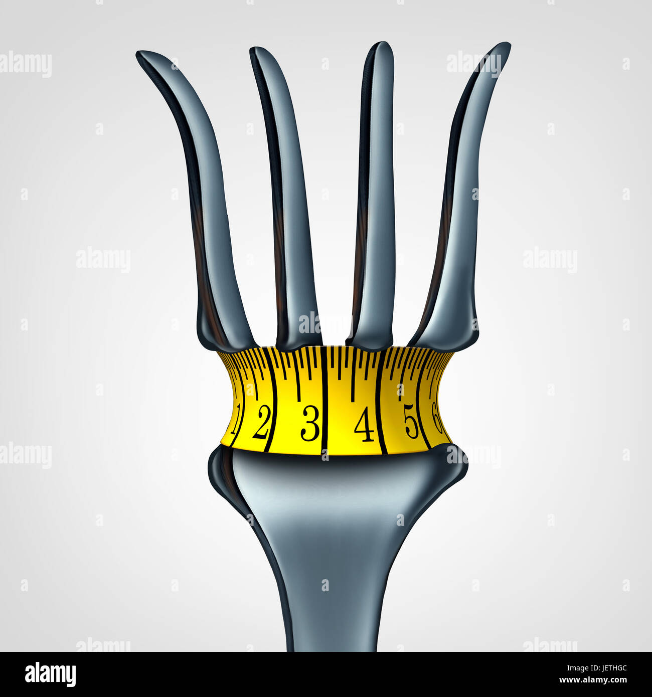 Measuring tape on fork representing a diet belt tightening symbol as a reduction in calorie intake and healthy lifestyle icon as a 3D illustration. Stock Photo