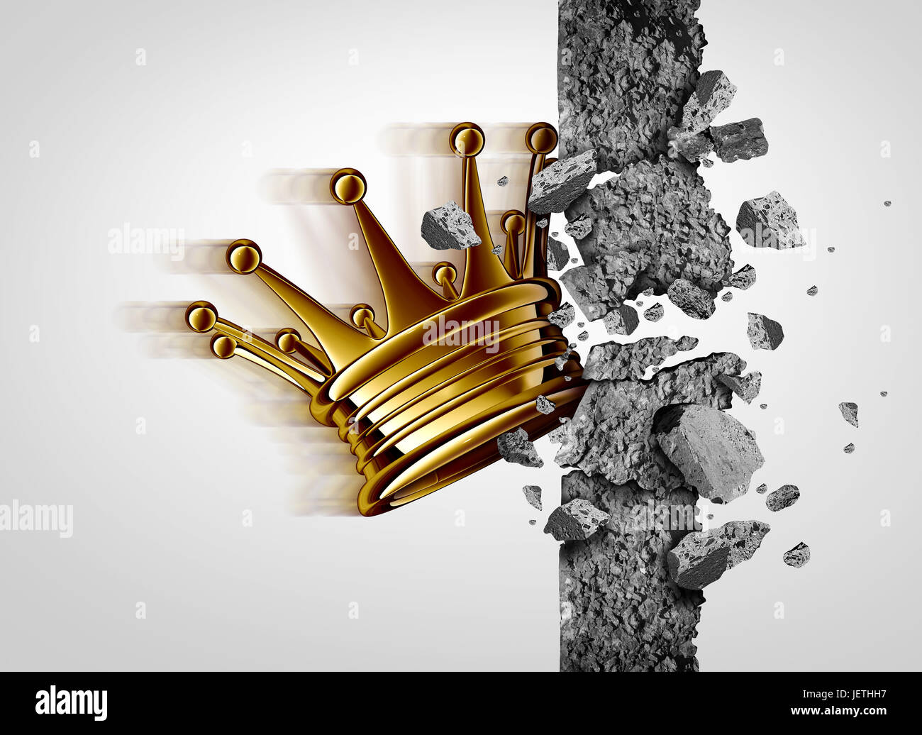 Breakthrough leadership business concept as a king crown breaking through a cement wall as a success and strong leader metaphor. Stock Photo