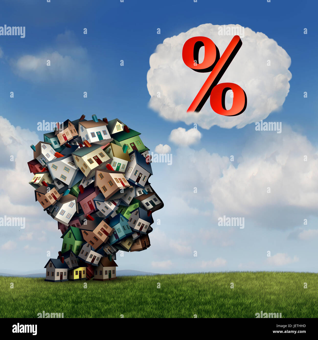 Mortgage rate plan and planning for home lending interest percentage rates as a group of houses shaped as a human head with a percent. Stock Photo
