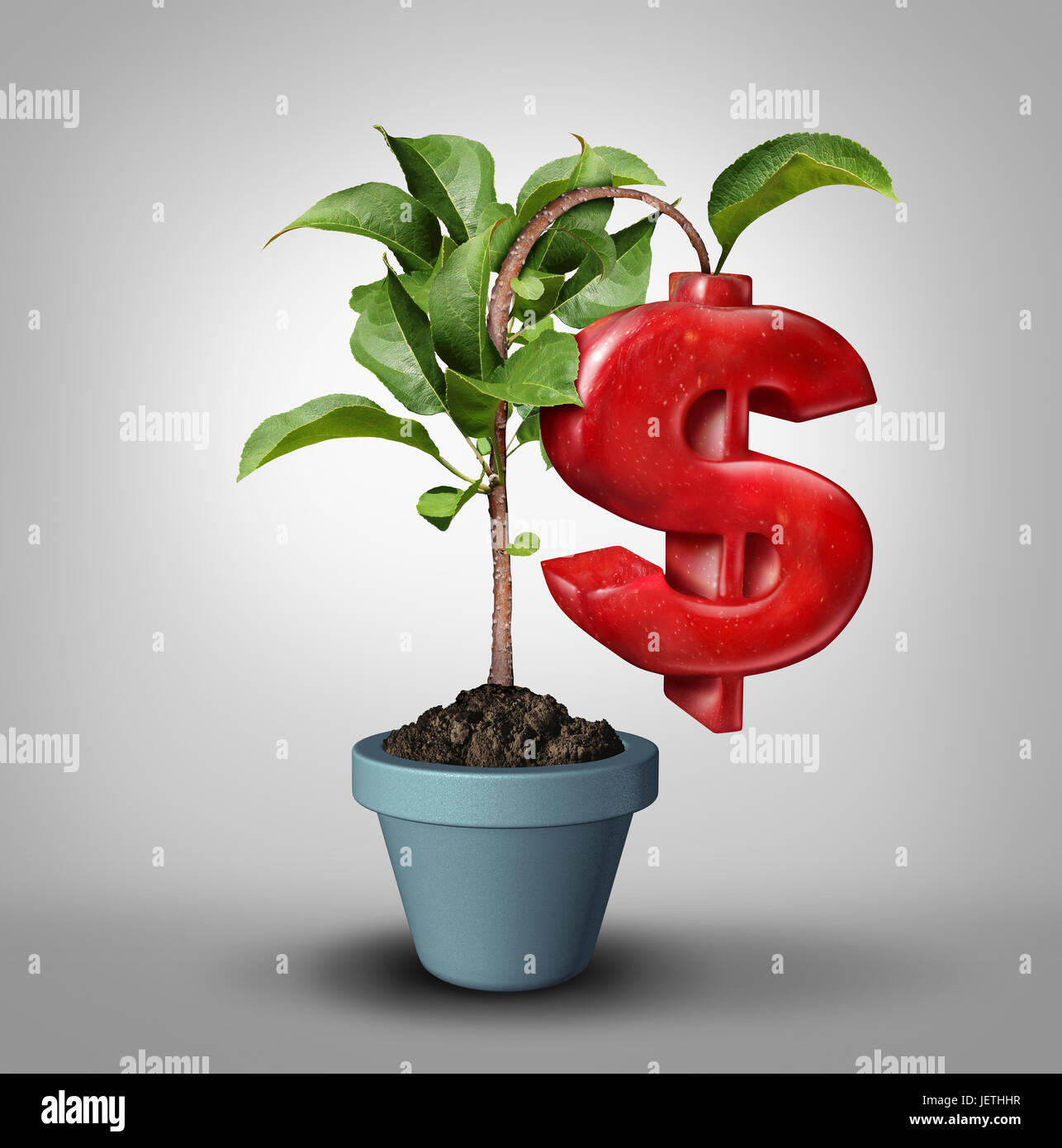 Money tree and fruitful investment business financial concept as a tree growing an apple shaped in a money symbol as a profitable finance. Stock Photo