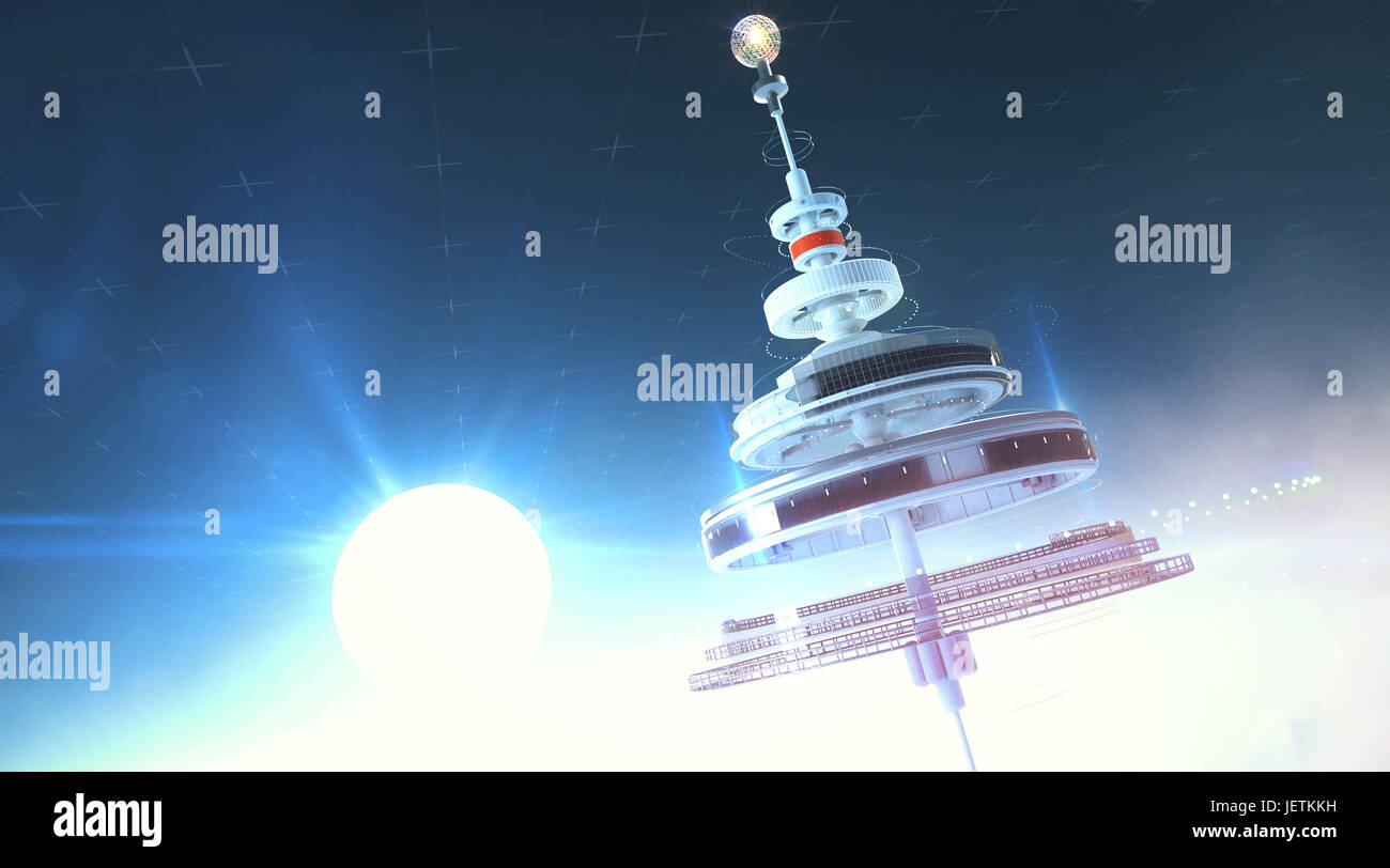 futristic space station floating in the atmosphere against rising sun. 3d render background Stock Photo