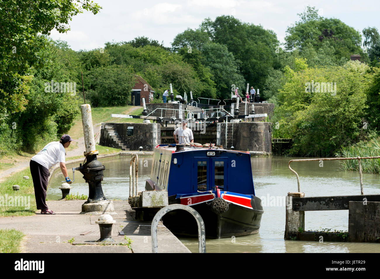 A narrowboat at Bascote Locks, Grand Union Canal, Warwickshire, England, UK Stock Photo