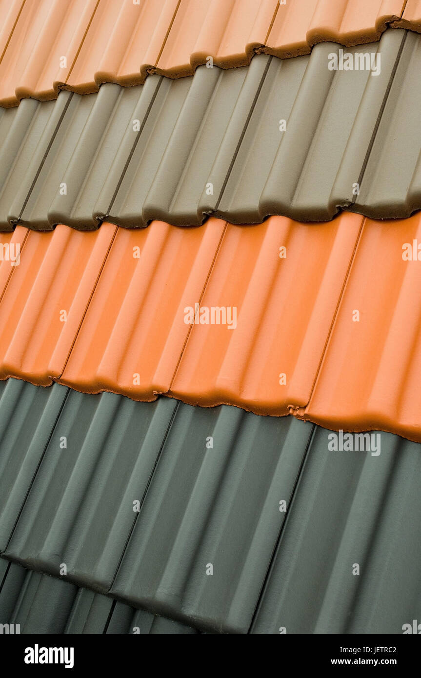 Colour pattern and material pattern of different roofing tiles, Farb- und Materialmuster verschiedener Dachziegel Stock Photo