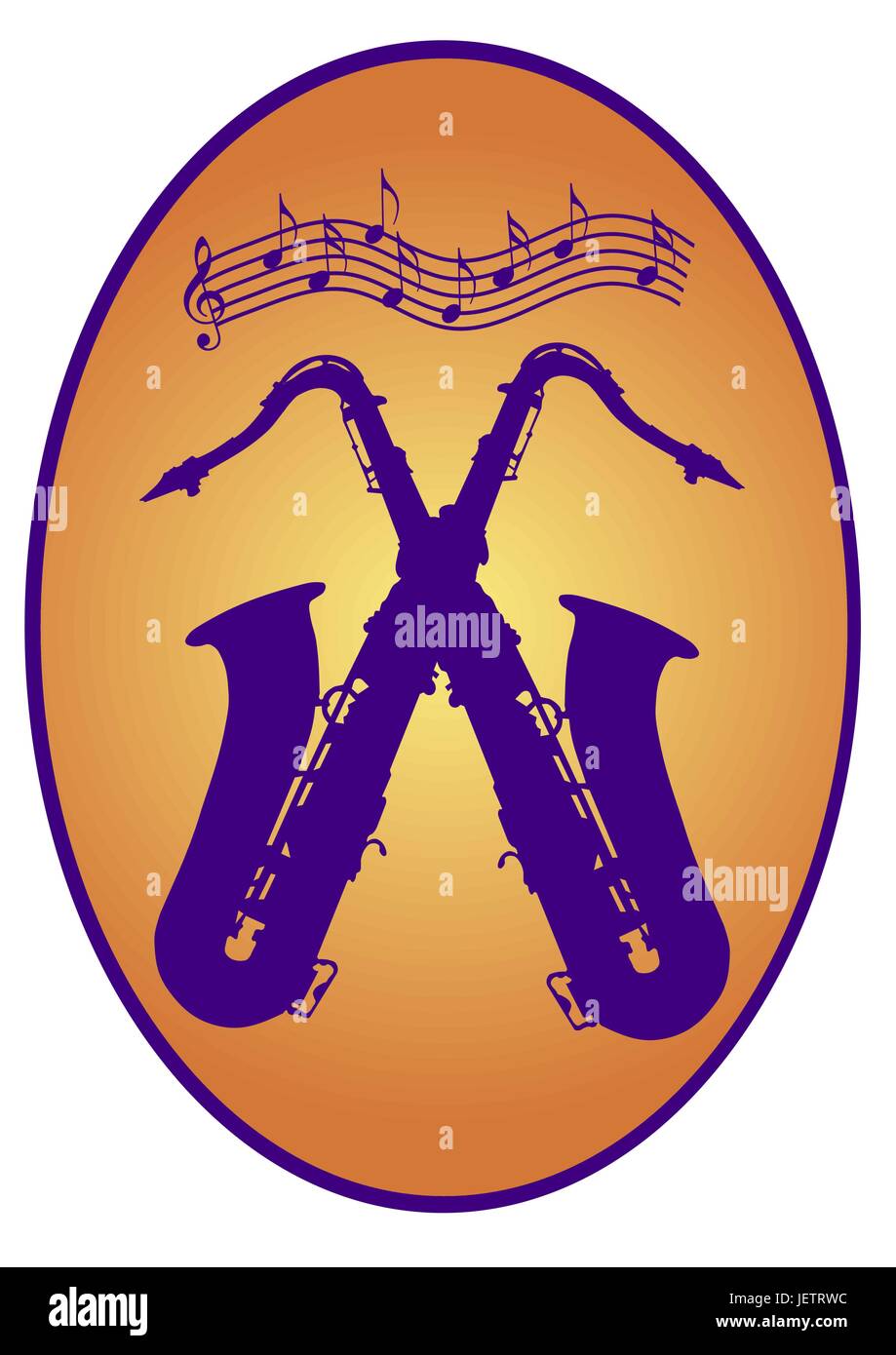 golden oval with two crossed saxophones indemnified vector Stock