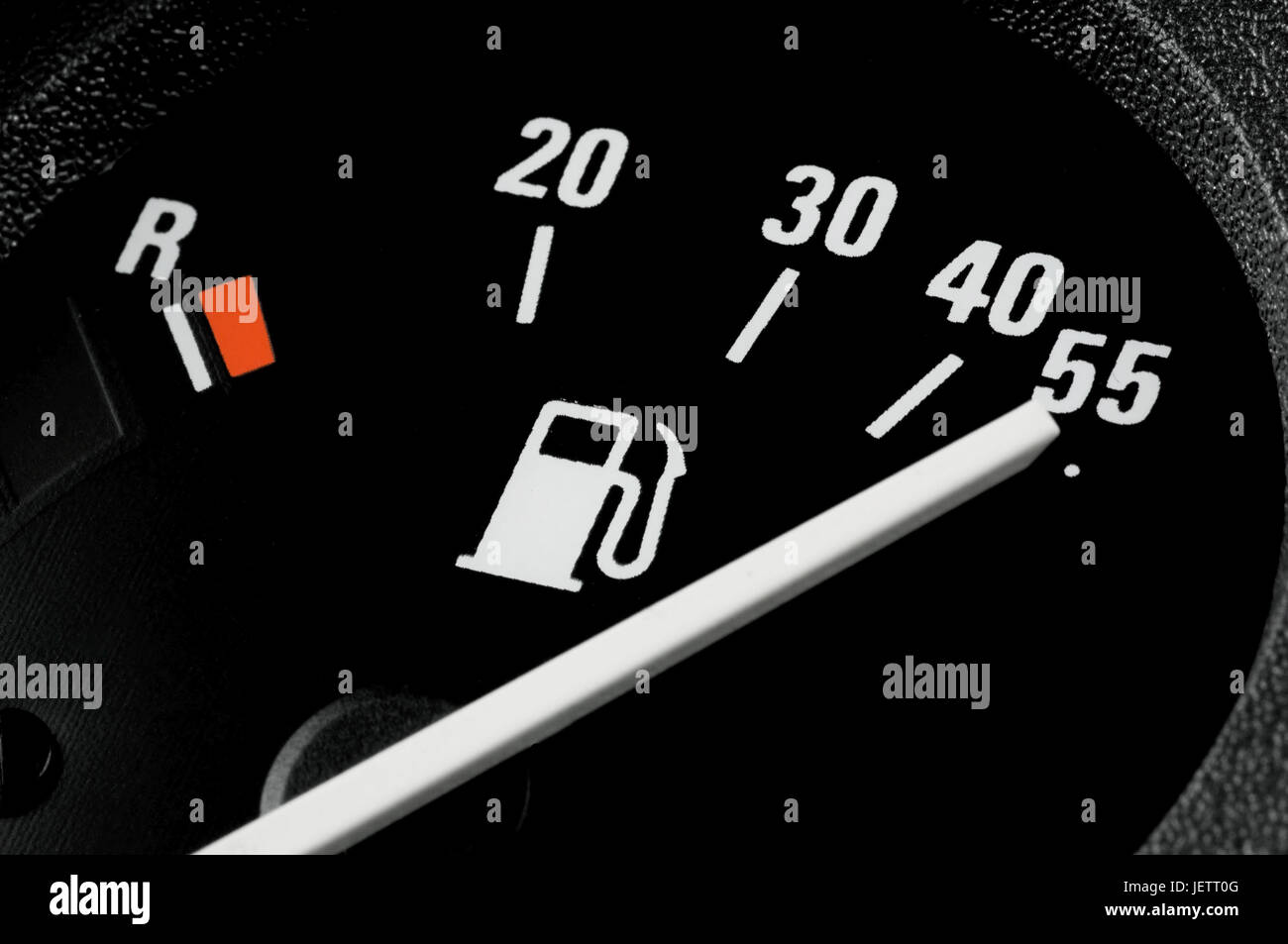 Fuel announcement in a car on position tanked. Litre data, reserve brand as well as the pictogramme of a petrol pump are recognizable, Kraftstoffanzei Stock Photo