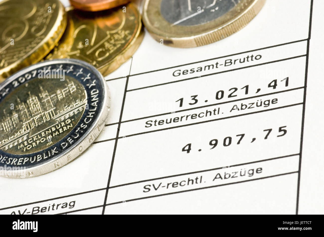Pay slip form with euro-coins, Lohnabrechnungs-Formular mit Euro-Muenzen Stock Photo