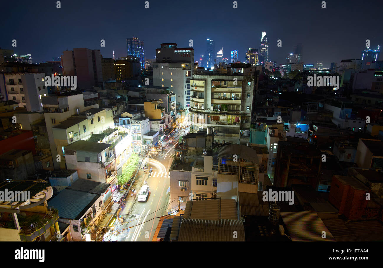 Pham Ngu Lao, backpaper street, in Saigon at night from a rooftop. Ho-Chi-Minh-City at night. Stock Photo