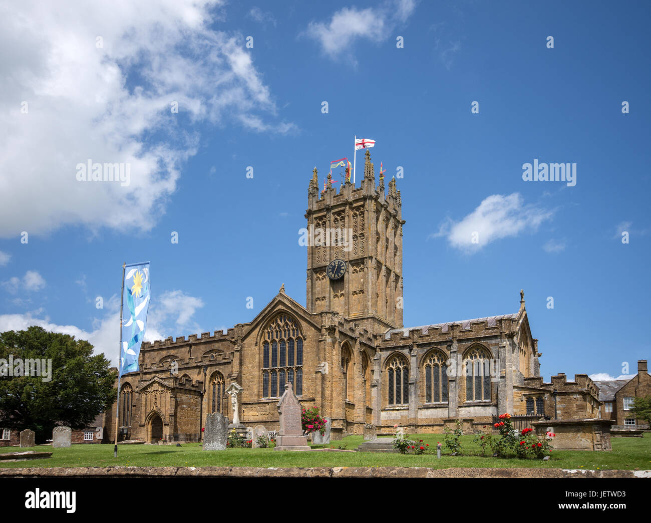 The Minster or 15th century Church of St Mary built of Ham Hill stone on Silver Street Ilminster Somerset seen in summer sunshine Stock Photo