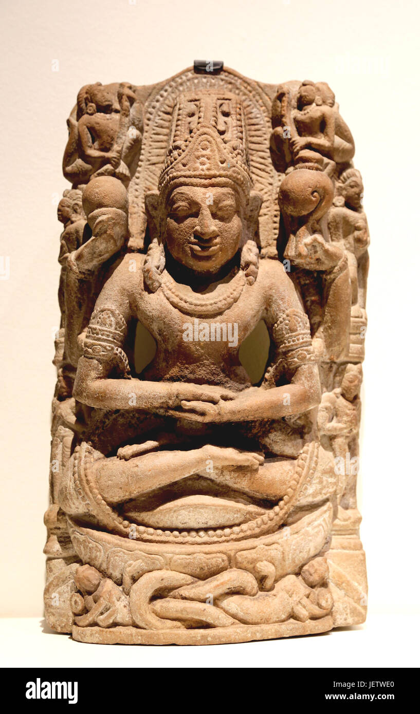 Vishnu on a lotus flower, (11th-12th) Century. North of India. Carved stone. Stock Photo