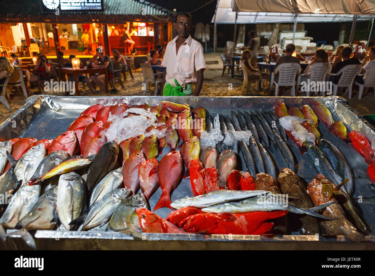 MIRISSA, SRI LANKA, MARCH 16, 2016: restaurants on the beach offer a wide variety of fish, you only need to point at fish you want to eat - cook will  Stock Photo
