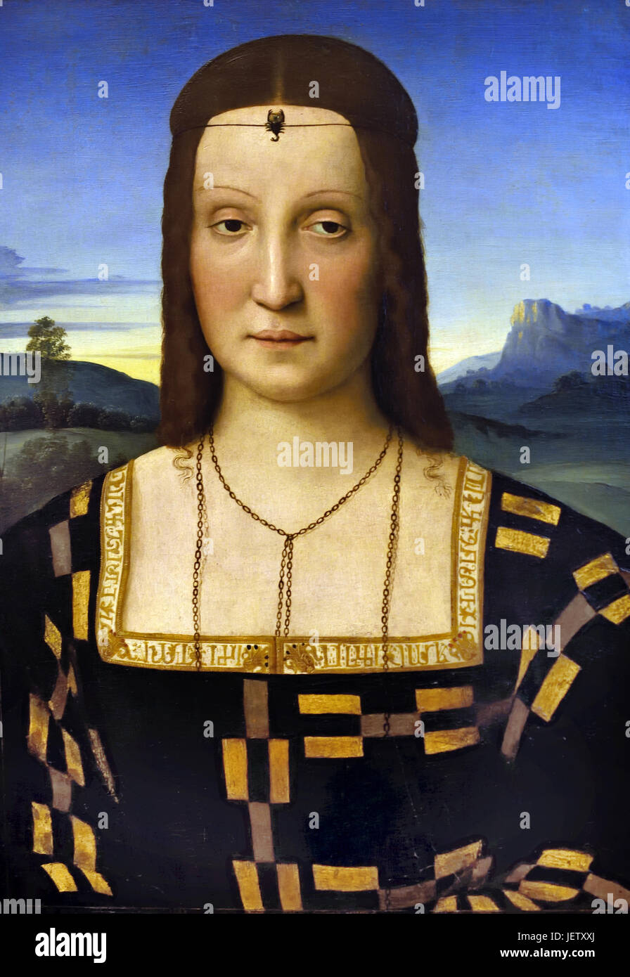 Elisabetta Gonzaga 1503 by Raphael  - Raffaello Sanzio da Urbino 1483 –1520 was an Italian painter and architect of the High Renaissance Italy Stock Photo