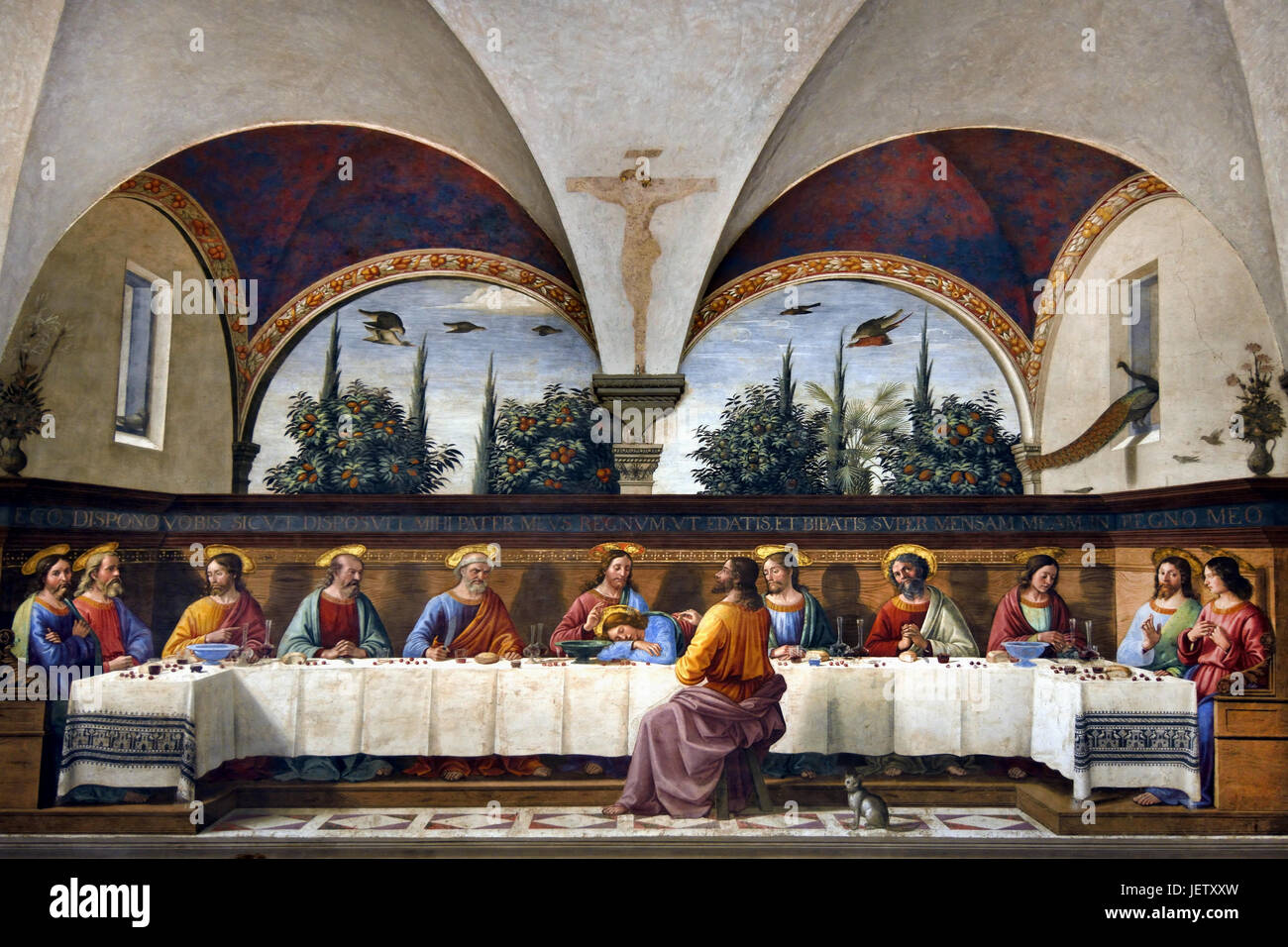 The Last Supper 1480 is a fresco depicting the Last Supper of Jesus by the Italian Renaissance artist Domenico Ghirlandaio 1448 –1494 located in Convent of the Ognissanti ( The chiesa di San Salvatore di Ognissanti - chiesa di Ognissanti ) Florence, Tuscany, Italy. Stock Photo