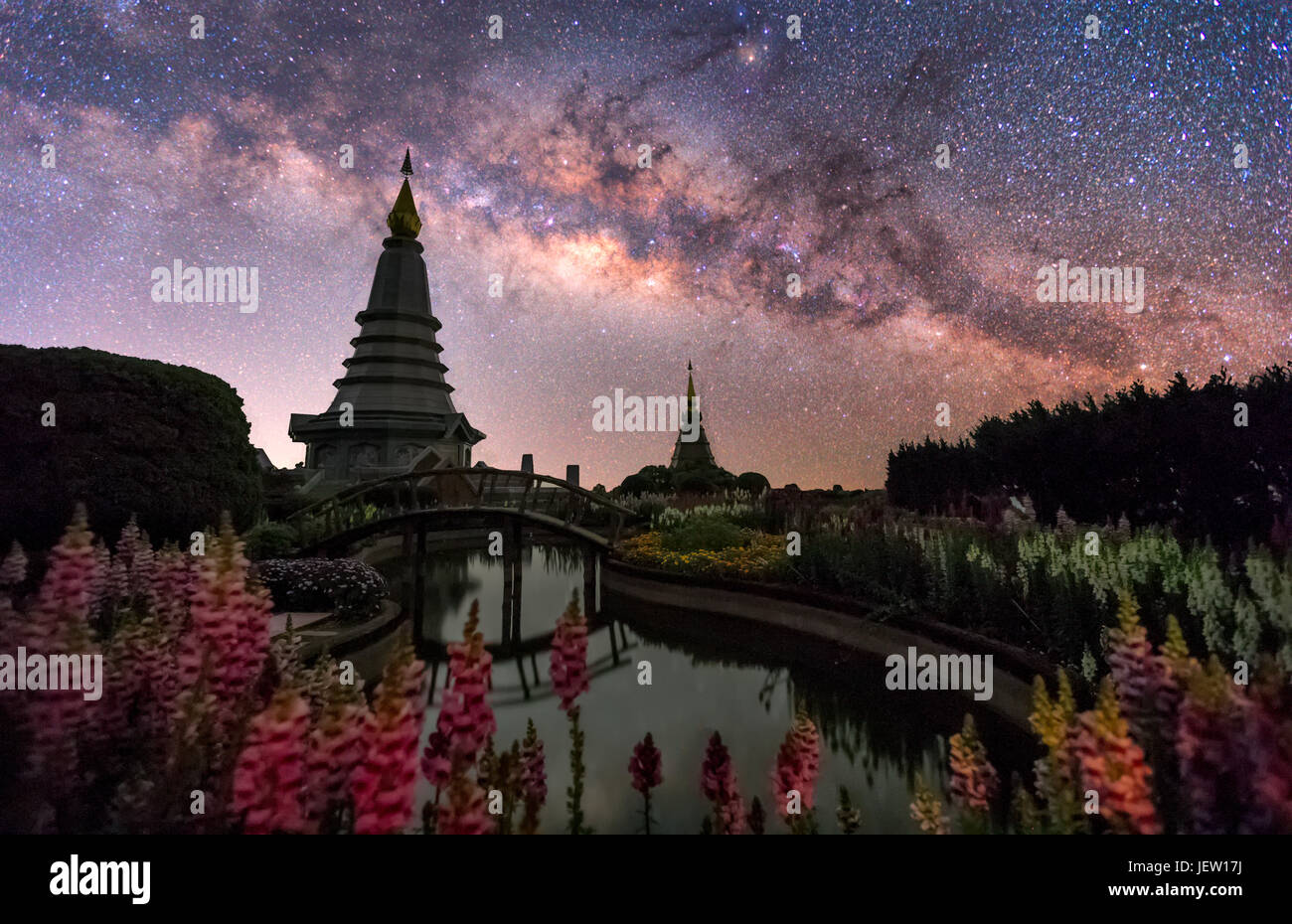Beautiful Night Starry sky with Rising Milky Way over the temple ...