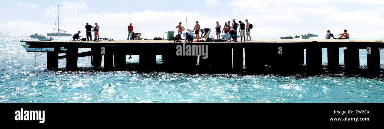 Fishing from pier panorama island of Sal Cape Verde Islands, desolate beautiful island full of atmosphere Stock Photo