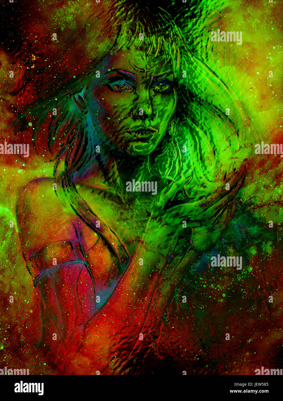 Goddess Woman in Cosmic space. Cosmic Space background. eye contact ...