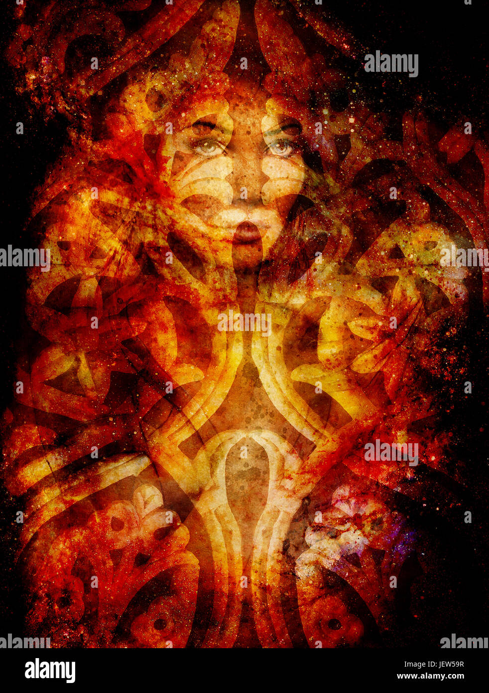 Goddess Woman and ornament in Cosmic space. Cosmic Space background ...