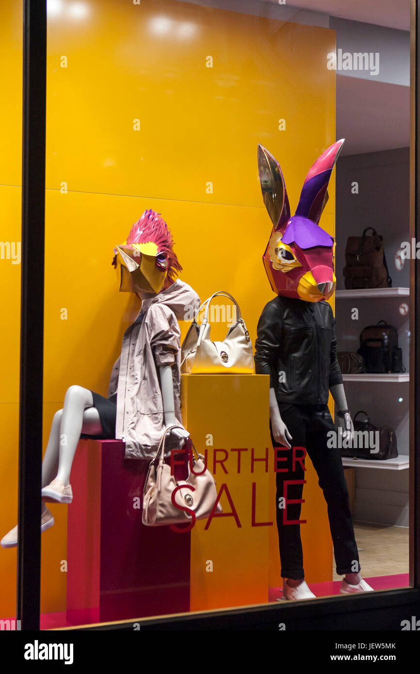 LONDON, ENGLAND JULY 12, 2016 Fancy clothing on mannequins in a store