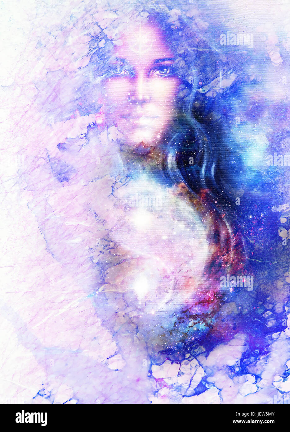 goddess woman and symbol Yin Yang in cosmic space. Marble structure ...