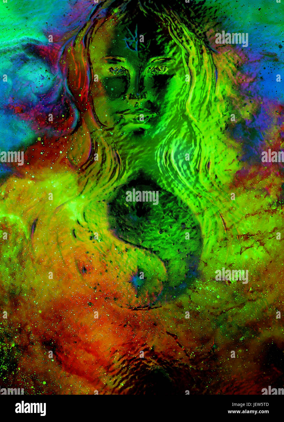 goddess woman and symbol Yin Yang in cosmic space. Glass effect Stock ...