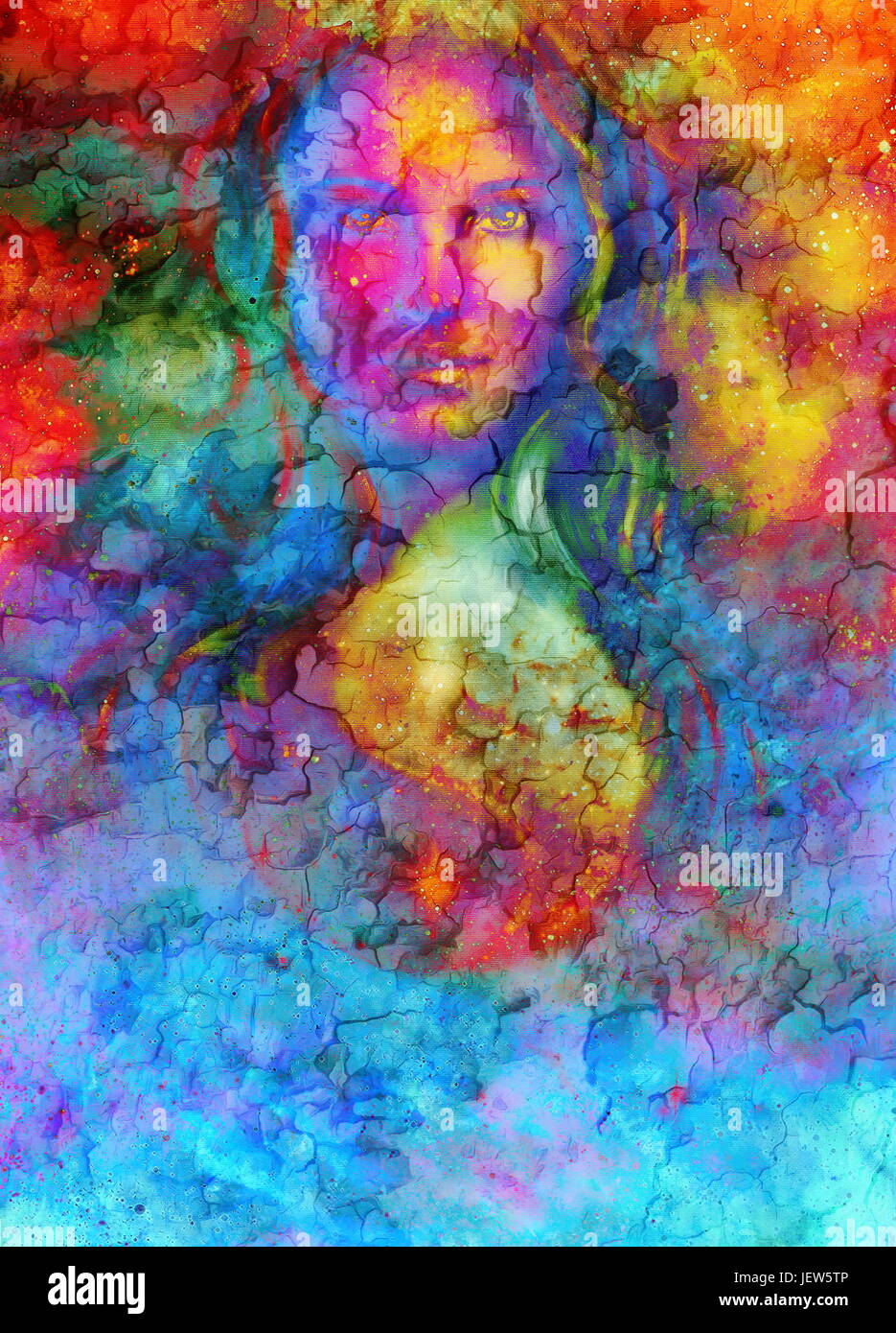 goddess woman and symbol Yin Yang in cosmic space. Crackle effect Stock ...