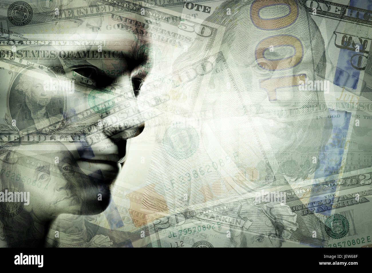 Generic human man face and dollars double exposure. Concept of money exchange and investment. 3D illustration Stock Photo