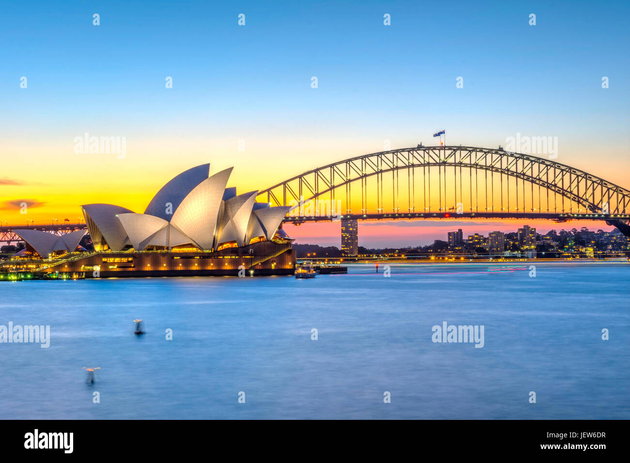 View on Sydney Opera house and harbour bridge at sunset Stock Photo