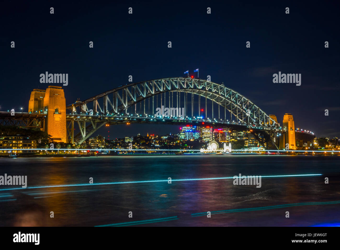 Illuminated Sydney harbor bridge at night, long exposure Stock Photo ...