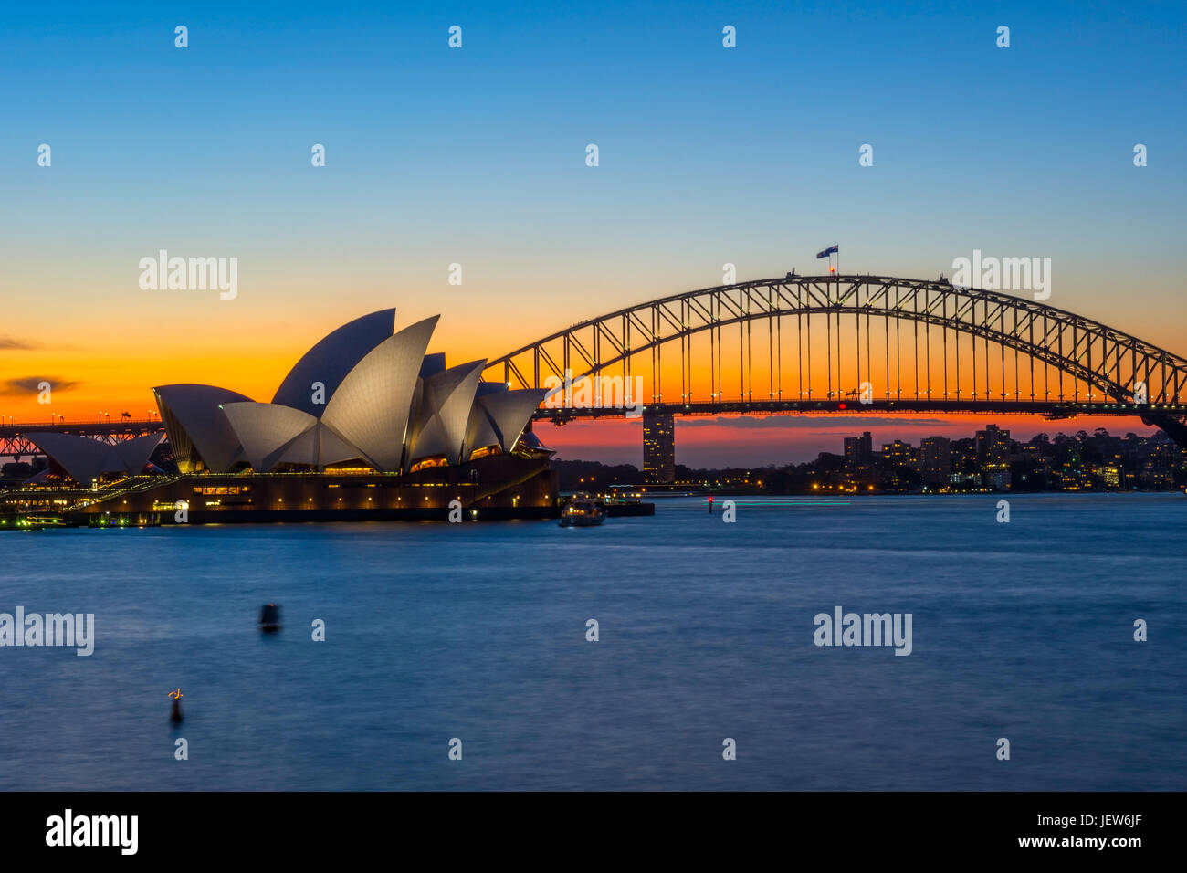 View on Sydney Opera house and harbour bridge at sunset Stock Photo