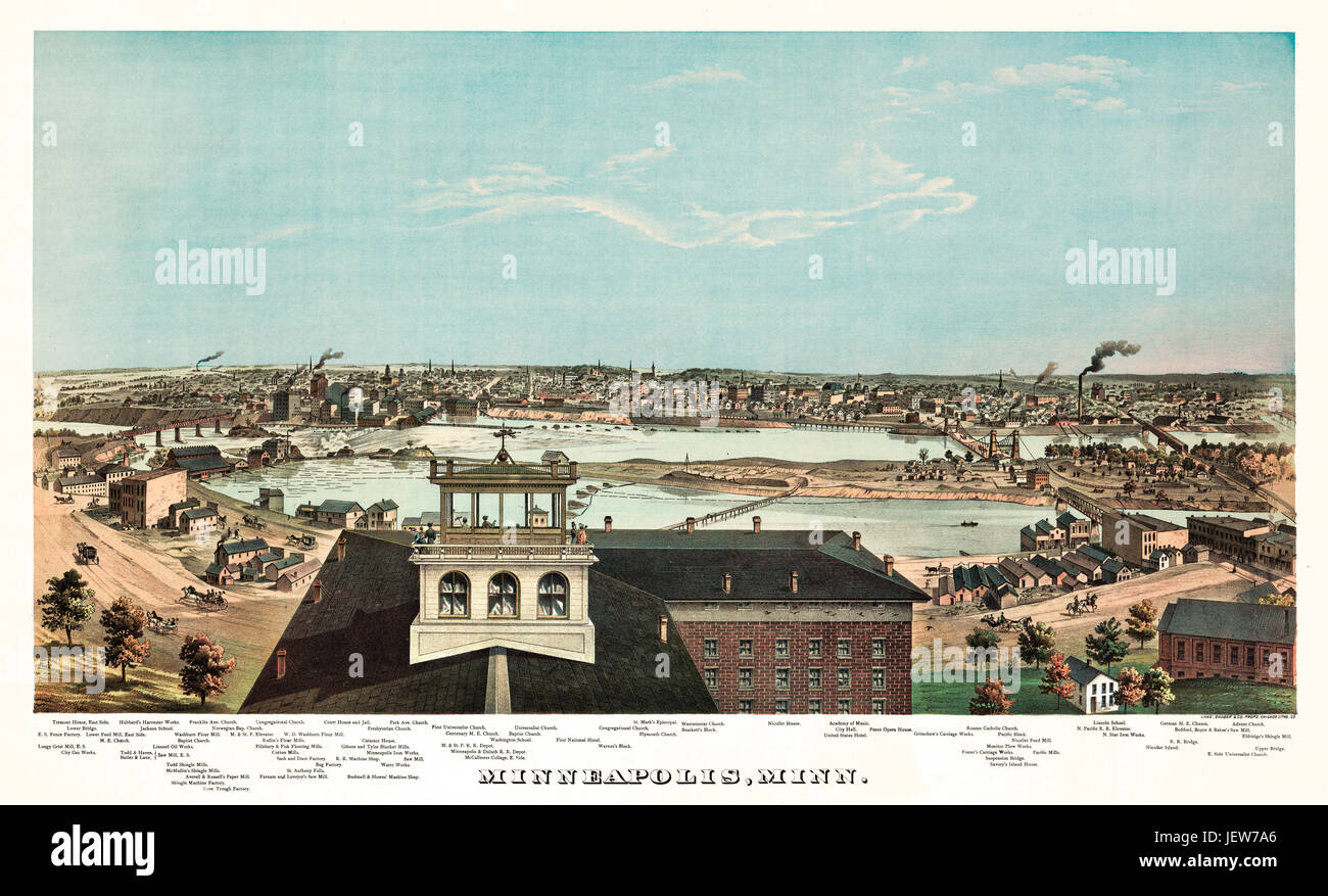 Old  bird-eye view of Minneapolis, Minnesota. Created by Hoffman, Chas, Proper & Co. Props., publ. Geo. H. Elisbury, V. Green, Chicago, 1874 Stock Photo