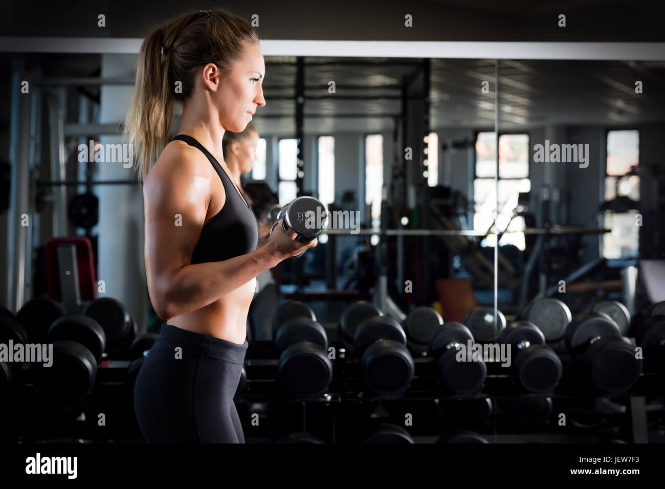 Attractive woman weightlifting at the gym. Body training, dumbbell