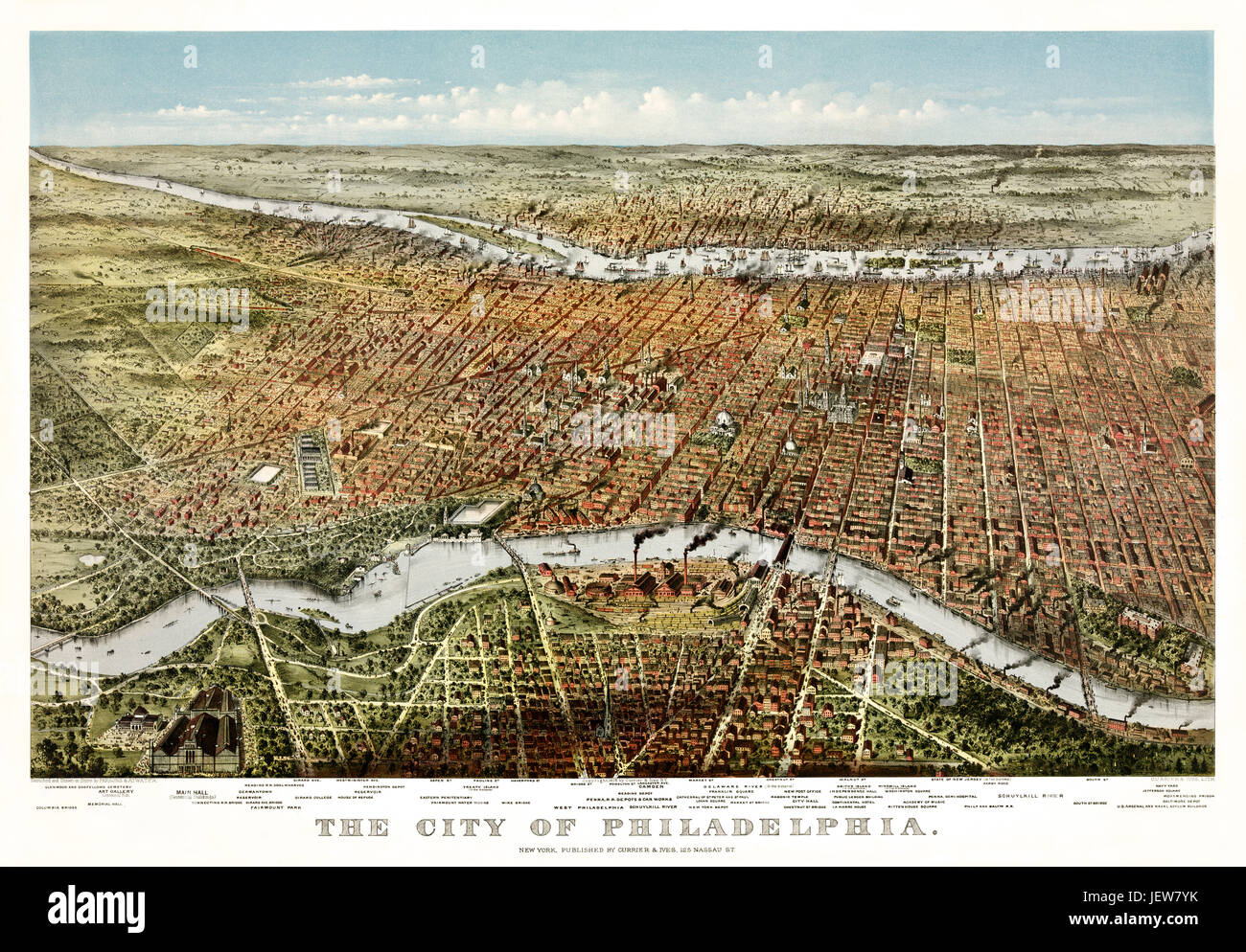 Old aerial view of Philadelphia, Pennsylvania.  Currier & Yves, New York, 1875 Stock Photo