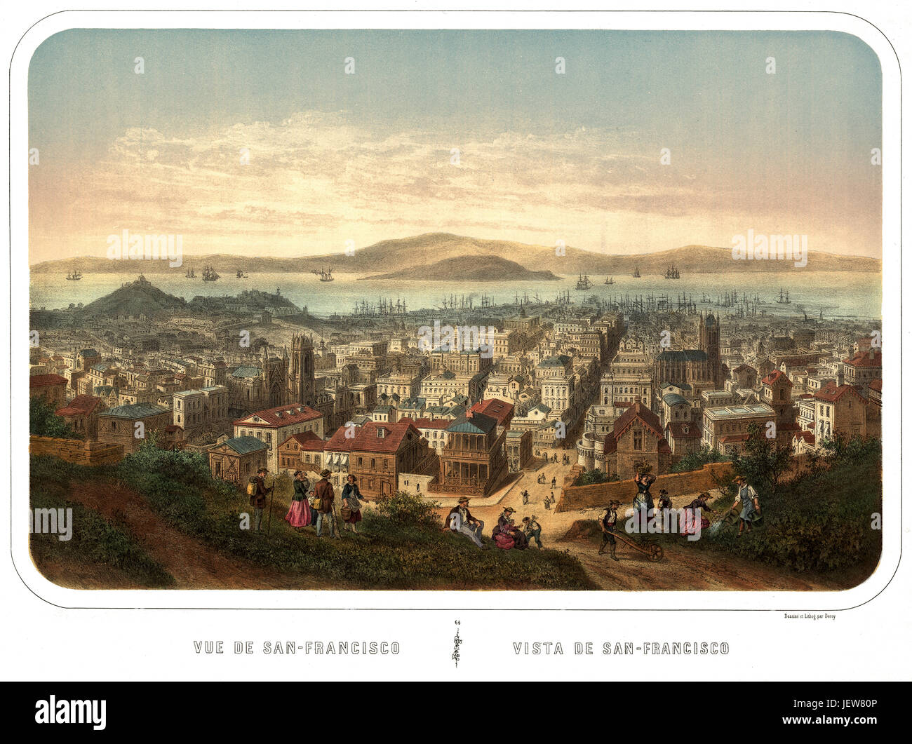 Old bird-eye view of  San Francisco, California.  Created and published by Isador Laurent Deroy,  Paris, 1860 Stock Photo
