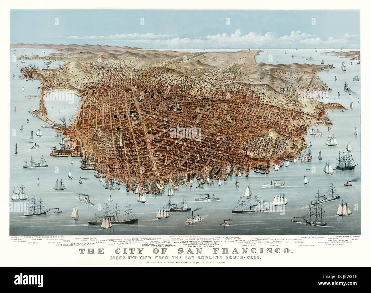 Old aerial view of  San Francisco, California.  By Parsons & Charles,  Publ.  McQuillan (agent Currier & Yves), San Francisco, 1878 Stock Photo