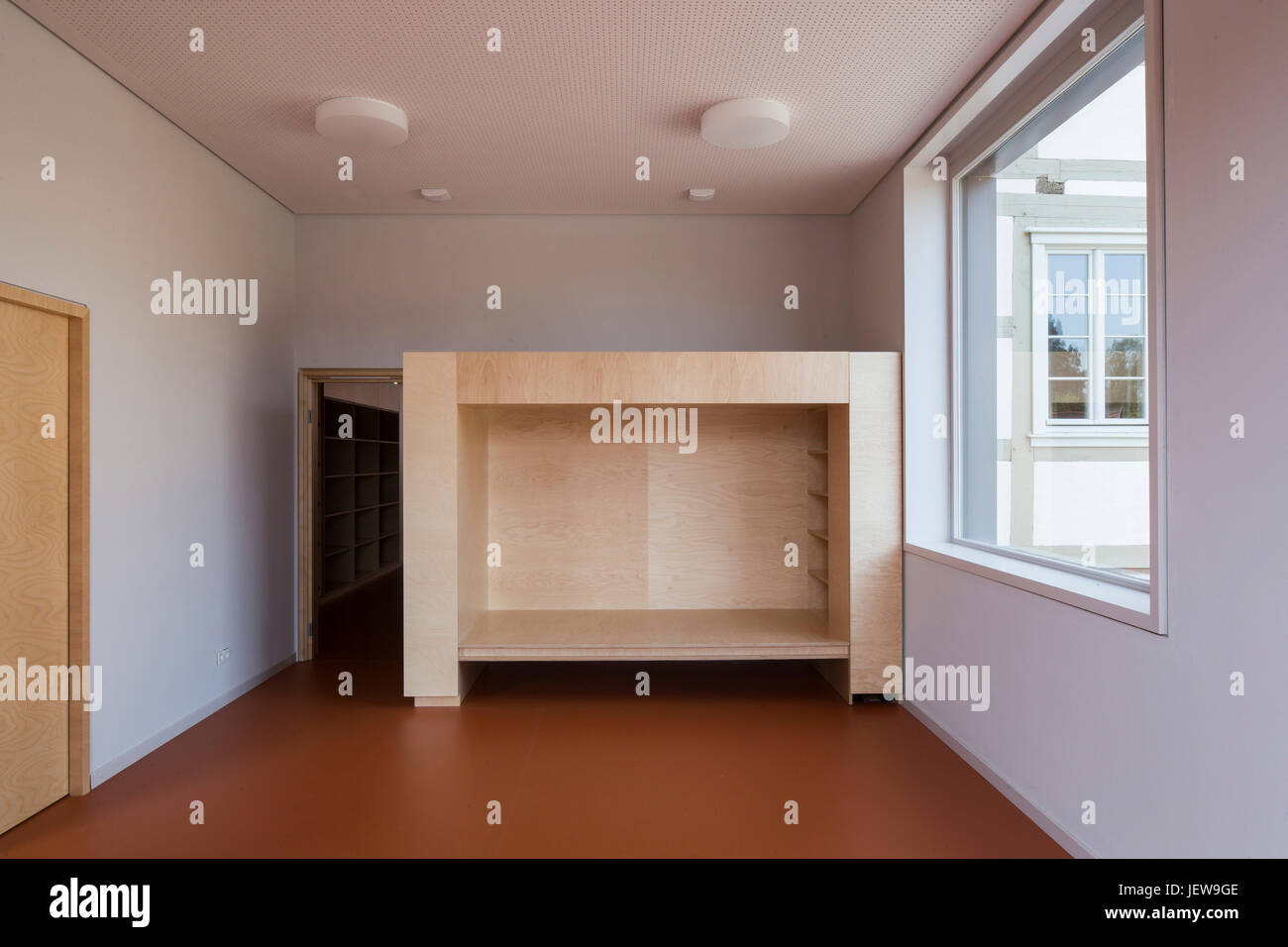 Timber furnishing of future nap room. Kindergarten Mitte Kyritz, Kyritz, Germany. Architect: kleyer koblitz letzel freivogel, 2016. Stock Photo