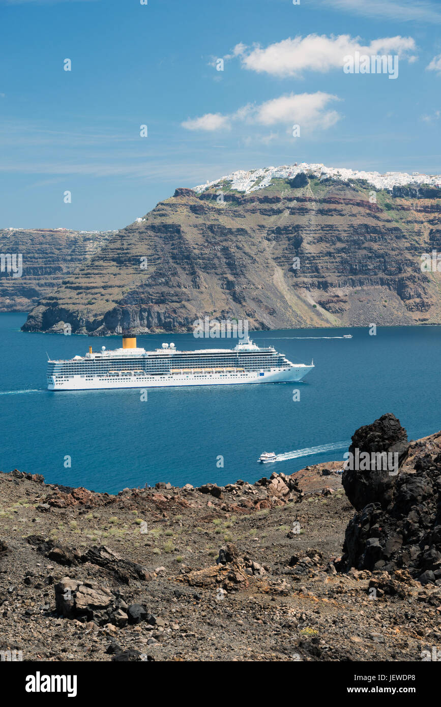 Cruise ship sailing to Santorini island, Greece Stock Photo