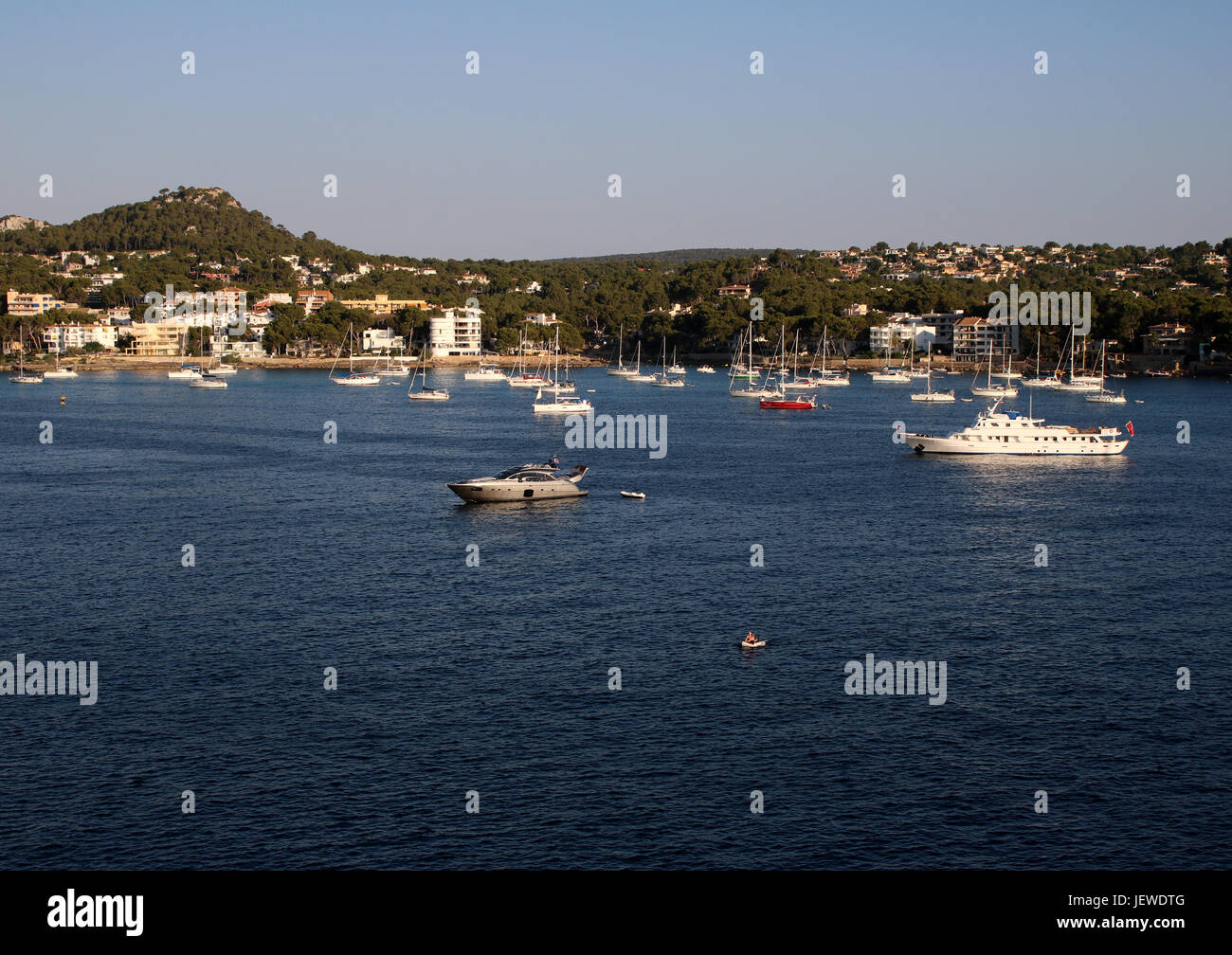 Superyacht Haven - classic superyacht 'Trafalgar' + yachts and boats + panorama - Bay of Santa Ponsa / Santa Ponca, Calvia, SW Mallorca / Majorca Stock Photo