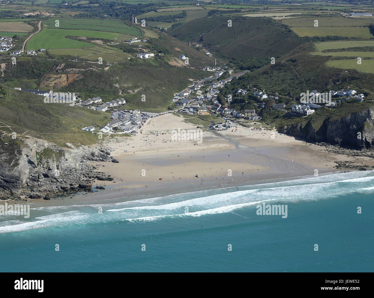 Great view of the Cornish village of Porthtowan on Cornwall's North Atlantic coastline Stock