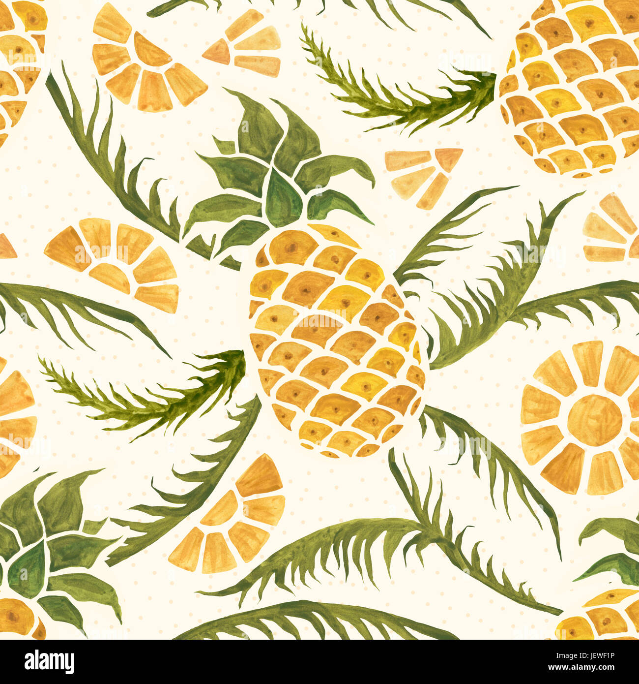 Seamless tropical pattern with pineapples and palm leaves. Hand drawn ...