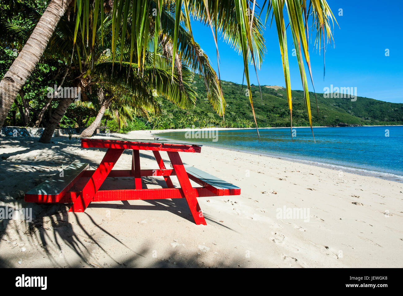 White sandy beach on  Korovou Eco-Tour Resort, Naviti, Yasawas, Fiji, South Pacific Stock Photo