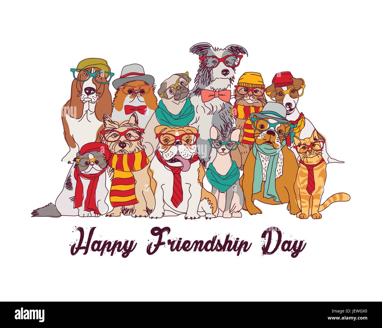 Friendship day cats and dogs isolate group white. Stock Vector