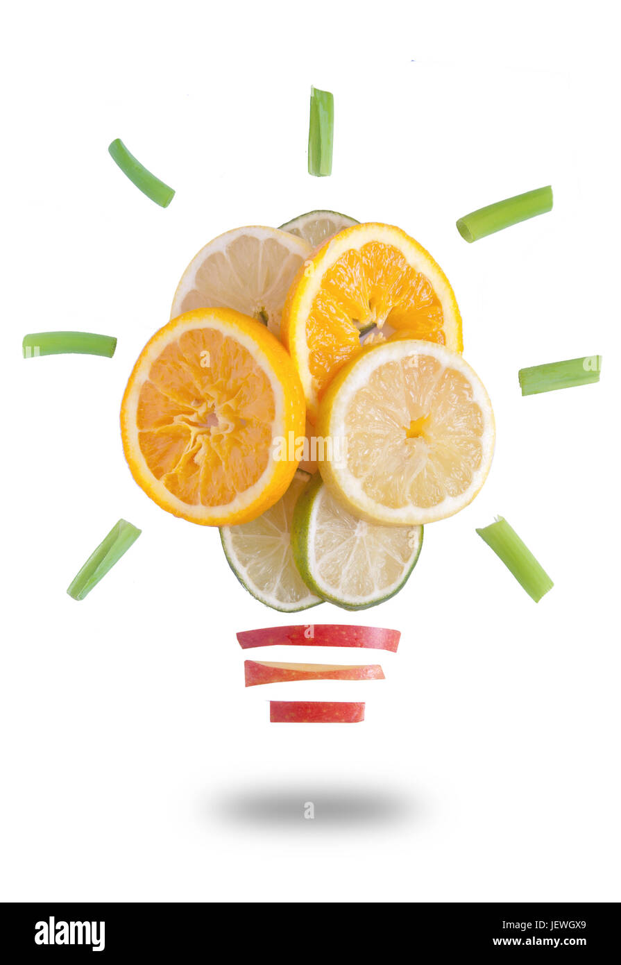 Light bulb made of fruit over a white background Stock Photo