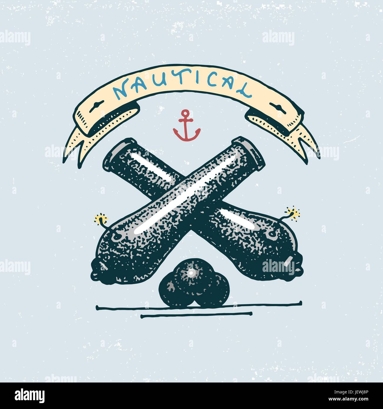 set of engraved vintage, hand drawn, old, labels or badges for a cannon bal. welcome aboard. Marine and nautical or sea, ocean emblems. Stock Vector