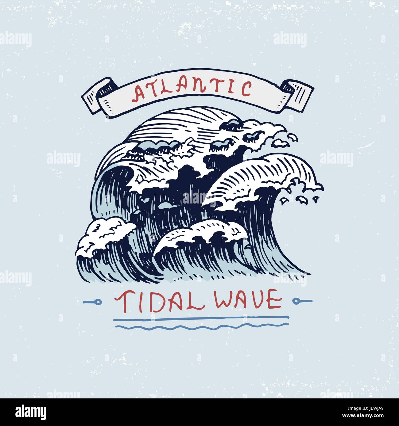 set of engraved vintage, hand drawn, old, labels or badges for atlantic tidal wave. Marine and nautical or sea, ocean emblems. Stock Vector