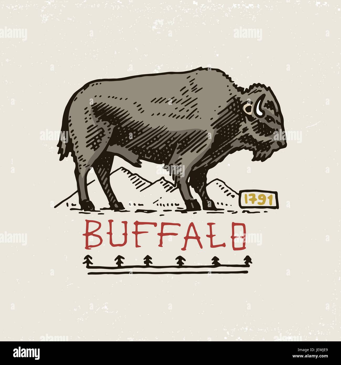 set of engraved vintage, hand drawn, old, labels or badges for indian or native american. buffalo. Stock Vector