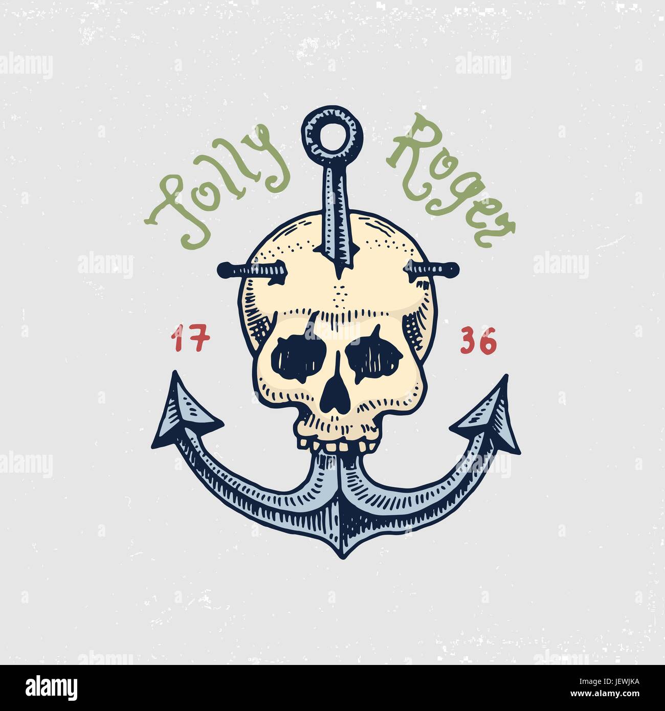 set of engraved, hand drawn, old, labels or badges for corsairs, skull at anchor. Jolly roger. Pirates marine and nautical or sea, ocean emblem. Stock Vector